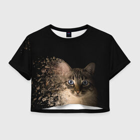 Женская футболка Crop-top 3D с принтом Disintegrating Cat , 100% полиэстер | круглая горловина, длина футболки до линии талии, рукава с отворотами | cat | азулес | атомный кот | голубоглазая кошка | голубоглазый кот | голубоглазый котик | кот | кот к | кот распадающийся на атомы | кот с голубыми глазами | котик | котэ | кошак | кошачий портрет