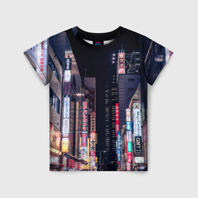 Детская футболка 3D с принтом Ночной Токио , 100% гипоаллергенный полиэфир | прямой крой, круглый вырез горловины, длина до линии бедер, чуть спущенное плечо, ткань немного тянется | город | города | дома | здания | иероглифы | надписи | небо | неон | ночь | огни | страны | сумерки | улица | фонари | япония