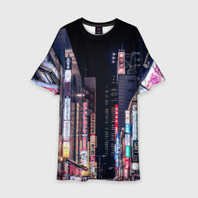 Детское платье 3D с принтом Ночной Токио , 100% полиэстер | прямой силуэт, чуть расширенный к низу. Круглая горловина, на рукавах — воланы | город | города | дома | здания | иероглифы | надписи | небо | неон | ночь | огни | страны | сумерки | улица | фонари | япония
