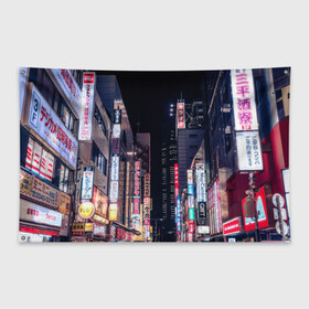 Флаг-баннер с принтом Ночной Токио , 100% полиэстер | размер 67 х 109 см, плотность ткани — 95 г/м2; по краям флага есть четыре люверса для крепления | город | города | дома | здания | иероглифы | надписи | небо | неон | ночь | огни | страны | сумерки | улица | фонари | япония