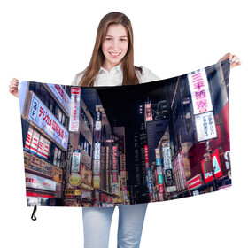 Флаг 3D с принтом Ночной Токио , 100% полиэстер | плотность ткани — 95 г/м2, размер — 67 х 109 см. Принт наносится с одной стороны | город | города | дома | здания | иероглифы | надписи | небо | неон | ночь | огни | страны | сумерки | улица | фонари | япония