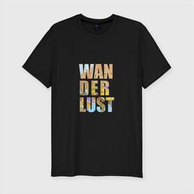 Мужская футболка хлопок Slim с принтом Wanderlust , 92% хлопок, 8% лайкра | приталенный силуэт, круглый вырез ворота, длина до линии бедра, короткий рукав | карта | мир | поездка | путешествие | туризм