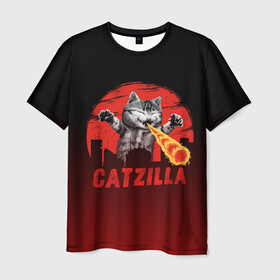Мужская футболка 3D с принтом CATZILLA , 100% полиэфир | прямой крой, круглый вырез горловины, длина до линии бедер | Тематика изображения на принте: catzilla | годзилла | кот | котик | кошка | кэтзилла | мимими | прикол | прикольная