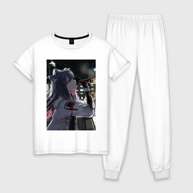 Женская пижама хлопок с принтом MOOD , 100% хлопок | брюки и футболка прямого кроя, без карманов, на брюках мягкая резинка на поясе и по низу штанин | anime | art | city | girl | night | аниме | арт | город | девушка | ночь