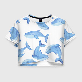 Женская футболка Crop-top 3D с принтом Косяк китов , 100% полиэстер | круглая горловина, длина футболки до линии талии, рукава с отворотами | арт | карандашом | кит | киты | красками | море | моря | океан | океаны | под водой | рисунок