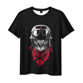 Мужская футболка 3D с принтом КОТИК В ШЛЕМЕ , 100% полиэфир | прямой крой, круглый вырез горловины, длина до линии бедер | cat | животные | кот | котик | котэ | прикольные