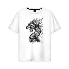 Женская футболка хлопок Oversize с принтом Китайский дракон арт , 100% хлопок | свободный крой, круглый ворот, спущенный рукав, длина до линии бедер
 | арт | динозавр | дракон | дракон арт | драконий рев | зубы | китайский дракон | китайский дракон арт | клыки | крутой дракон | оскал | рев | серый | черно белый | чешуя | ящерица