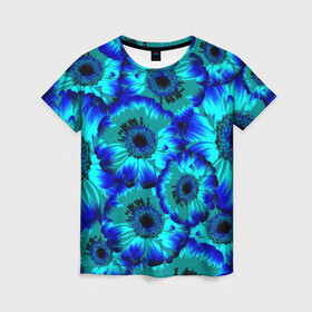 Женская футболка 3D с принтом Голубые хризантемы , 100% полиэфир ( синтетическое хлопкоподобное полотно) | прямой крой, круглый вырез горловины, длина до линии бедер | 8 марта | голубые хризантемы | голубые цветы | хризантемы | цветы
