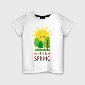 Детская футболка хлопок с принтом Hello Spring , 100% хлопок | круглый вырез горловины, полуприлегающий силуэт, длина до линии бедер | 2020 | арт | весна | деревья | лес | солнце | солнышко | цветы