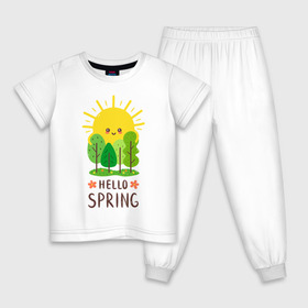 Детская пижама хлопок с принтом Hello Spring , 100% хлопок |  брюки и футболка прямого кроя, без карманов, на брюках мягкая резинка на поясе и по низу штанин
 | 2020 | арт | весна | деревья | лес | солнце | солнышко | цветы