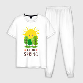 Мужская пижама хлопок с принтом Hello Spring , 100% хлопок | брюки и футболка прямого кроя, без карманов, на брюках мягкая резинка на поясе и по низу штанин
 | 2020 | арт | весна | деревья | лес | солнце | солнышко | цветы