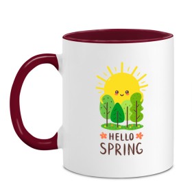 Кружка двухцветная с принтом Hello Spring , керамика | объем — 330 мл, диаметр — 80 мм. Цветная ручка и кайма сверху, в некоторых цветах — вся внутренняя часть | 2020 | арт | весна | деревья | лес | солнце | солнышко | цветы