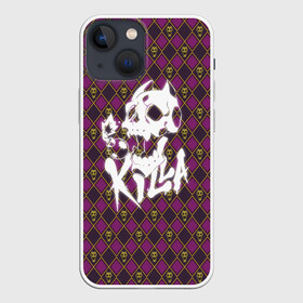 Чехол для iPhone 13 mini с принтом KILLER QUEEN белая на узоре ,  |  | jo jo | jojo | killa | killer | killer queen | queen | бомба | взрыв | взрыватель | д | джо джо | динамит | квин | кости | куин | петарда | принц | пятна | пятнами | череп | черно белый