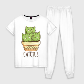 Женская пижама хлопок с принтом Catctus , 100% хлопок | брюки и футболка прямого кроя, без карманов, на брюках мягкая резинка на поясе и по низу штанин | art | cactus | cats | kittens | pot | арт | горшок | кактус | коты | котята | кошки