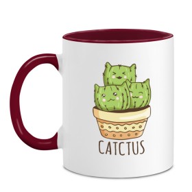 Кружка двухцветная с принтом Catctus , керамика | объем — 330 мл, диаметр — 80 мм. Цветная ручка и кайма сверху, в некоторых цветах — вся внутренняя часть | art | cactus | cats | kittens | pot | арт | горшок | кактус | коты | котята | кошки