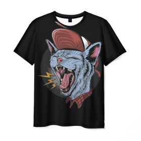 Мужская футболка 3D с принтом Rock n Roll Cat , 100% полиэфир | прямой крой, круглый вырез горловины, длина до линии бедер | 