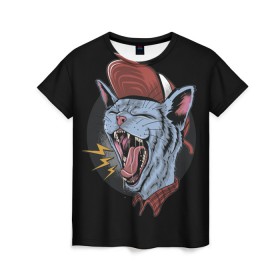 Женская футболка 3D с принтом Rock n Roll Cat , 100% полиэфир ( синтетическое хлопкоподобное полотно) | прямой крой, круглый вырез горловины, длина до линии бедер | 