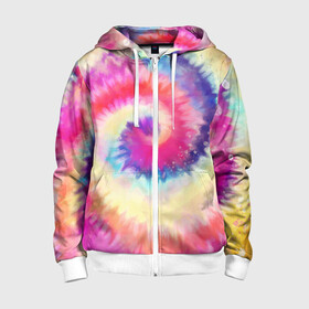 Детская толстовка 3D на молнии с принтом Tie Dye vortex , 100% полиэстер |  манжеты и пояс оформлены широкой мягкой резинкой, двухслойный капюшон со шнурком для регулировки, спереди карманы и застежка-молния
 | Тематика изображения на принте: art | hype | maelstrom | swirl | tie dye | trend | vortex | акварель | акрил | арт | буйство | вихрь | дизайн | завихрение | краски | красок | тай дай | торнадо | тренд | трендовая | хайповая