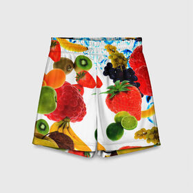 Детские спортивные шорты 3D с принтом фрукты ,  100% полиэстер
 | пояс оформлен широкой мягкой резинкой, ткань тянется
 | doodling | pattern | textures | tiles | банан | дудлинг | овощи | паттерны | скатерть | тайлы | текстуры | фон | фрукты