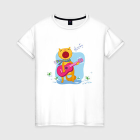 Женская футболка хлопок с принтом Spring Cat , 100% хлопок | прямой крой, круглый вырез горловины, длина до линии бедер, слегка спущенное плечо | art | cat | flowers | guitar | music | notes | snowdrops | spring | арт | весна | гитара | кот | котик | музыка | ноты | подснежники | цветы