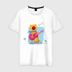 Мужская футболка хлопок с принтом Spring Cat , 100% хлопок | прямой крой, круглый вырез горловины, длина до линии бедер, слегка спущенное плечо. | art | cat | flowers | guitar | music | notes | snowdrops | spring | арт | весна | гитара | кот | котик | музыка | ноты | подснежники | цветы