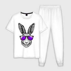 Мужская пижама хлопок с принтом Клевый заяц , 100% хлопок | брюки и футболка прямого кроя, без карманов, на брюках мягкая резинка на поясе и по низу штанин
 | заяц | заяц в очках | крутой | кул | солнечные очки