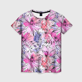 Женская футболка 3D с принтом Акварельные цветы , 100% полиэфир ( синтетическое хлопкоподобное полотно) | прямой крой, круглый вырез горловины, длина до линии бедер | 8 марта | flover | акварель | акварельные цветы | краски | цветы