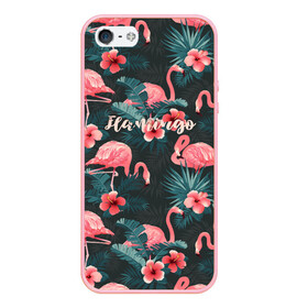 Чехол для iPhone 5/5S матовый с принтом Flamingo , Силикон | Область печати: задняя сторона чехла, без боковых панелей | girl | woman | девушкам | девушки | листья | подарок | тропические цветы | фламинго | цветы