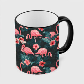 Кружка с полной запечаткой с принтом Flamingo , керамика | ёмкость 330 мл | Тематика изображения на принте: girl | woman | девушкам | девушки | листья | подарок | тропические цветы | фламинго | цветы
