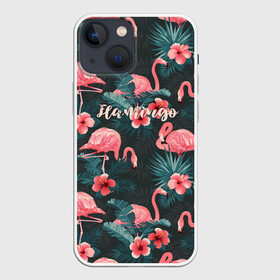 Чехол для iPhone 13 mini с принтом Flamingo ,  |  | girl | woman | девушкам | девушки | листья | подарок | тропические цветы | фламинго | цветы