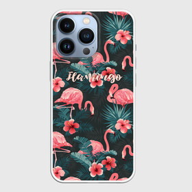 Чехол для iPhone 13 Pro с принтом Flamingo ,  |  | girl | woman | девушкам | девушки | листья | подарок | тропические цветы | фламинго | цветы
