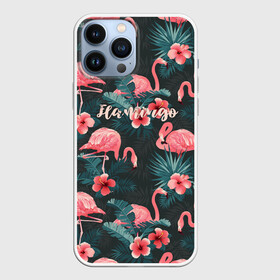 Чехол для iPhone 13 Pro Max с принтом Flamingo ,  |  | Тематика изображения на принте: girl | woman | девушкам | девушки | листья | подарок | тропические цветы | фламинго | цветы