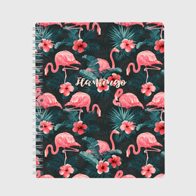 Тетрадь с принтом Flamingo , 100% бумага | 48 листов, плотность листов — 60 г/м2, плотность картонной обложки — 250 г/м2. Листы скреплены сбоку удобной пружинной спиралью. Уголки страниц и обложки скругленные. Цвет линий — светло-серый
 | girl | woman | девушкам | девушки | листья | подарок | тропические цветы | фламинго | цветы