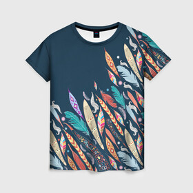 Женская футболка 3D с принтом Перья , 100% полиэфир ( синтетическое хлопкоподобное полотно) | прямой крой, круглый вырез горловины, длина до линии бедер | girl | woman | девушкам | девушки | листья | пёрышки | перья | подарок | тропические цветы | цветы