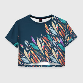 Женская футболка Crop-top 3D с принтом Перья , 100% полиэстер | круглая горловина, длина футболки до линии талии, рукава с отворотами | girl | woman | девушкам | девушки | листья | пёрышки | перья | подарок | тропические цветы | цветы