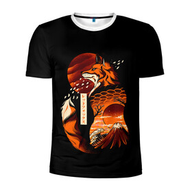 Мужская футболка 3D спортивная с принтом JAPAN FOX , 100% полиэстер с улучшенными характеристиками | приталенный силуэт, круглая горловина, широкие плечи, сужается к линии бедра | fox | japan | orange | sakura | знаки | иероглифы | лиса | сакура | символы | фудзияма | япония