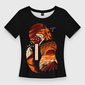 Женская футболка 3D Slim с принтом JAPAN FOX | ЯПОНСКАЯ ЛИСА ,  |  | fox | japan | orange | sakura | знаки | иероглифы | лиса | сакура | символы | фудзияма | япония