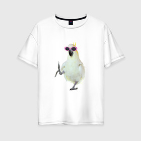 Женская футболка хлопок Oversize с принтом Попугай в очках , 100% хлопок | свободный крой, круглый ворот, спущенный рукав, длина до линии бедер
 | крутой попугай | мем | попугай в очках | прикол | птица | смешная картинка