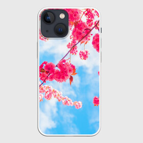 Чехол для iPhone 13 mini с принтом Цветение Вишни ,  |  | Тематика изображения на принте: flowers | pink | бутоны | весна | вишня | дерево | листья | небо | облака | природа | розовый | сакура | солнце | цветение | цветочки | цветы