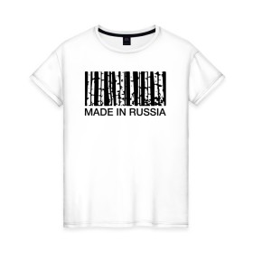 Женская футболка хлопок с принтом Made in Russia , 100% хлопок | прямой крой, круглый вырез горловины, длина до линии бедер, слегка спущенное плечо | barcode | country | forest | russia | береза | лес | родина | россия | страна | штрихкод