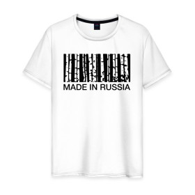 Мужская футболка хлопок с принтом Made in Russia , 100% хлопок | прямой крой, круглый вырез горловины, длина до линии бедер, слегка спущенное плечо. | Тематика изображения на принте: barcode | country | forest | russia | береза | лес | родина | россия | страна | штрихкод