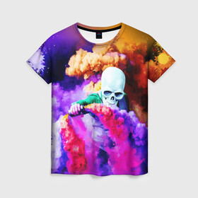 Женская футболка 3D с принтом Череп в дыму , 100% полиэфир ( синтетическое хлопкоподобное полотно) | прямой крой, круглый вырез горловины, длина до линии бедер | вода | дым | краски | огонь | скелеты | цветной | череп | шашки | яркий