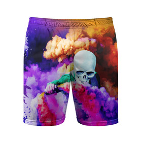 Мужские шорты спортивные с принтом Череп в дыму ,  |  | вода | дым | краски | огонь | скелеты | цветной | череп | шашки | яркий