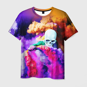 Мужская футболка 3D с принтом Череп в дыму , 100% полиэфир | прямой крой, круглый вырез горловины, длина до линии бедер | Тематика изображения на принте: вода | дым | краски | огонь | скелеты | цветной | череп | шашки | яркий