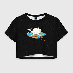 Женская футболка Crop-top 3D с принтом Flat earth Cat , 100% полиэстер | круглая горловина, длина футболки до линии талии, рукава с отворотами | Тематика изображения на принте: cat | cats | code | conspiracy | earth | flat | kitten | sky | space | заговор | земля | конспирация | космос | кот | котенок | котик | котики | коты | мир | небо | плоская | сердце