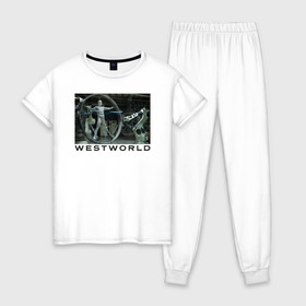 Женская пижама хлопок с принтом Westworld , 100% хлопок | брюки и футболка прямого кроя, без карманов, на брюках мягкая резинка на поясе и по низу штанин | host dron | vdosadir | westworld | андроид | джонатан нолан | западный мир | лиза джой | мир дикого запада | робот | хост