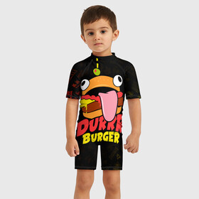 Детский купальный костюм 3D с принтом Fortnite Durrr Burger , Полиэстер 85%, Спандекс 15% | застежка на молнии на спине | Тематика изображения на принте: chapter 2 | durr burger | fortnite | fortnite durrr burger | бургер | игры | фортнайт