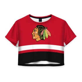 Женская футболка Crop-top 3D с принтом Chicago Blackhawks , 100% полиэстер | круглая горловина, длина футболки до линии талии, рукава с отворотами | Тематика изображения на принте: blackhawks | chicago | chicago blackhawks | hockey | nhl | usa | блэкхокс | нхл | спорт | сша | хоккей | чикаго | чикаго блэкхокс | шайба