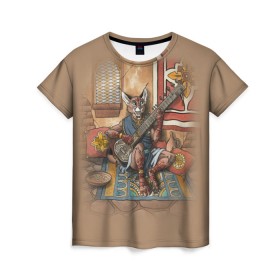 Женская футболка 3D с принтом Кот музыкант #17 , 100% полиэфир ( синтетическое хлопкоподобное полотно) | прямой крой, круглый вырез горловины, длина до линии бедер | киска | кот | котафей | котик | кошечка | кошка | метал | металл | музыка | музыкант | рок | фольклор