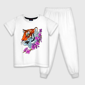 Детская пижама хлопок с принтом Тигр , 100% хлопок |  брюки и футболка прямого кроя, без карманов, на брюках мягкая резинка на поясе и по низу штанин
 | animal | beast | cat | hunter | king | lion | predator | tiger | wild | весна | дерево | дикий | животное | зверь | кот | кошка | лев | лето | охотник | тигр | хищник | цветок цветы